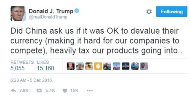 川普第一則推文.（翻攝推特）