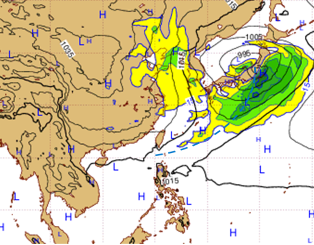 最新(16日20時)歐洲中期預報中心(ECMWF)模式模擬，下週四(23日)20時地面預測圖顯示，鋒面(藍虛線)已通過、高壓中心在蒙古的「極地大陸冷氣團」快速南下，強度相當強，台灣氣溫驟降。