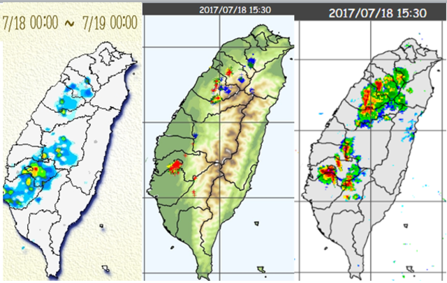 左圖：昨(18)日雨量圖顯示降雨侷限在山區及鄰近的平地，有小範圍的「瞬間大雨」。 中圖：昨(18)日15:30閃電偵測圖顯示，落雷頻繁、對流強度不弱，但單胞的雷雨胞壽命短、累積雨量及影響範圍就比較有限。 右圖：昨(18)日15:30雷達回波合成圖顯示，強回波的分布與5分鐘內(紅色)閃電密集區較穩合，超過30分鐘之前(藍色)的閃電密集區，則無強回波與之對映，因雷雨胞已進衰減期而消散。
