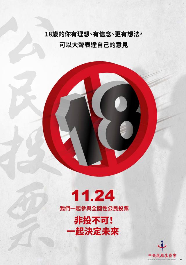 中選會「公投18就開始」宣導海報。（中選會提供）