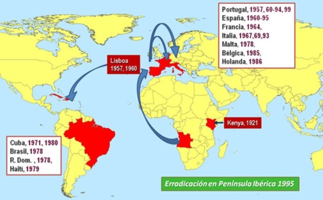 圖二:非洲豬溫早期的散播狀況。(翻攝維基百科)