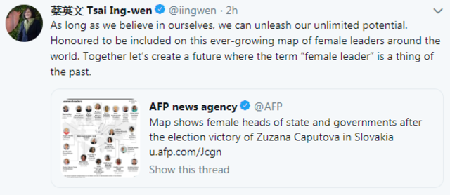 蔡英文開心在推特上轉發全球女性領袖地圖。(蔡英文Twitter)