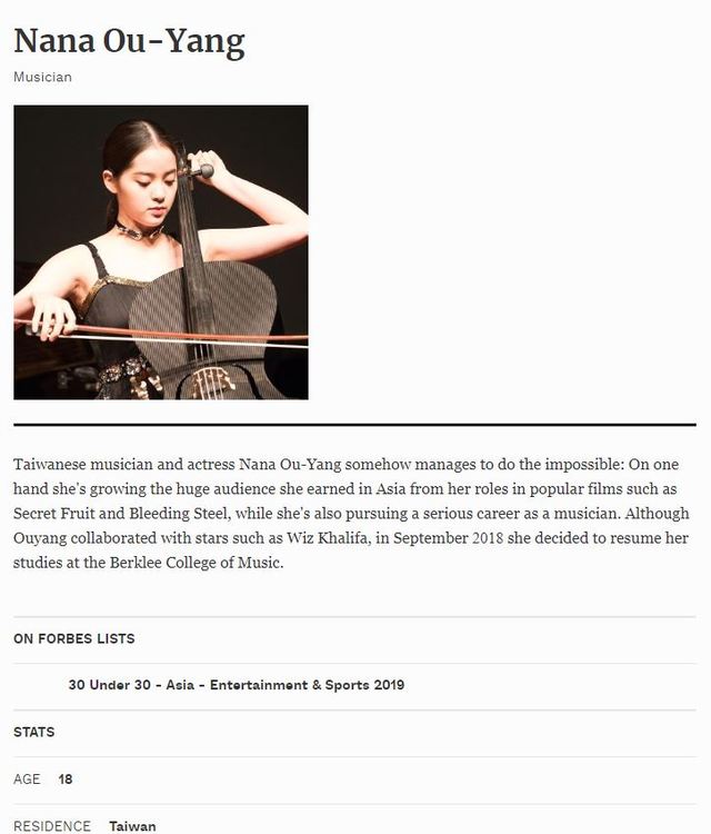 歐陽娜娜入選《富士比雜誌》「30 Under 30 Asia」傑出青年。（翻攝自Forbes官方網站）