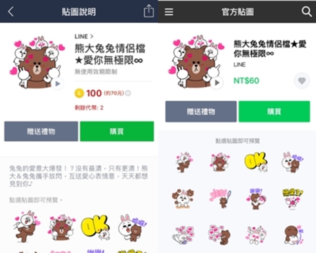 透過網頁版(右)購買貼圖比在手機(左)買省了10元。(圖/LINE)
