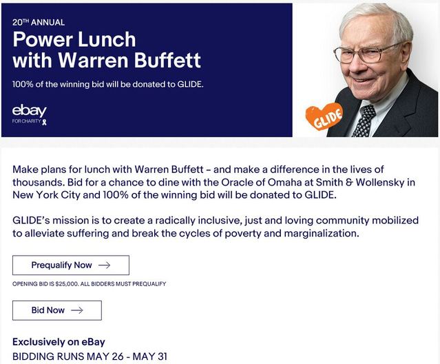 第20屆「與巴菲特共進午餐」已在ebay網站上架拍賣。(圖/ebay)
