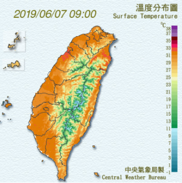 各地高溫普遍在32至35度。(氣象局提供)