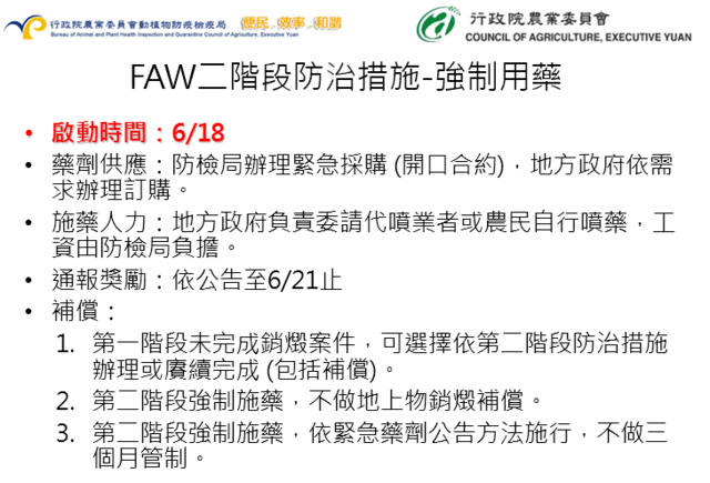 秋行軍蟲蔓延18縣市，18日起啟動「強制噴藥」防治。(圖/農委會防檢局提供)