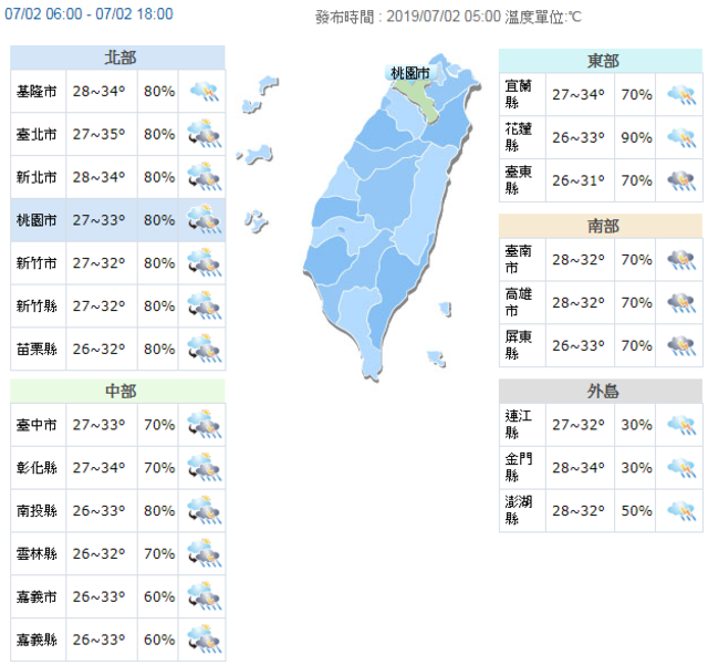 各地留意午後可能的短時強降雨。(氣象局提供)