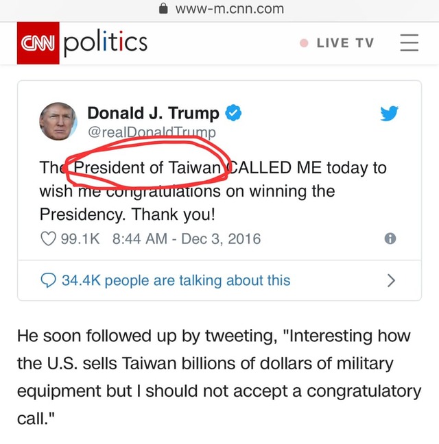 網友表示「國民黨不知道 President of Taiwan 已經是一個正式頭銜？這麼爛⋯⋯連Google都不會啊？」並PO出美國總統川普先前在個人推特上向「台灣總統蔡英文」的喊話（圖／翻攝CNN官網）