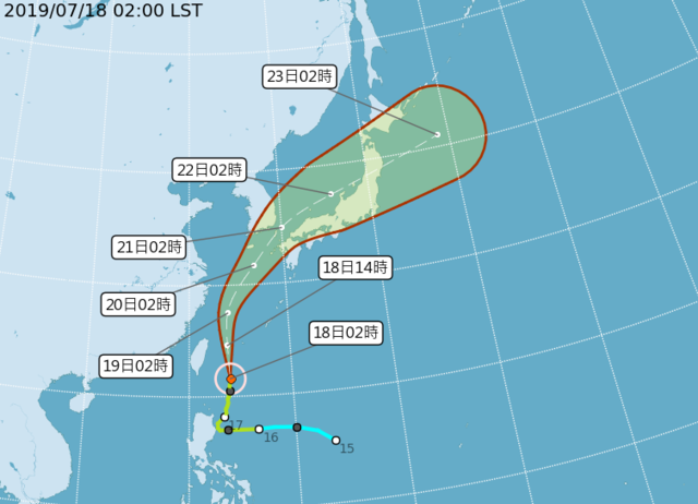 颱風丹娜絲路徑持續偏北移動。(氣象局提供)
