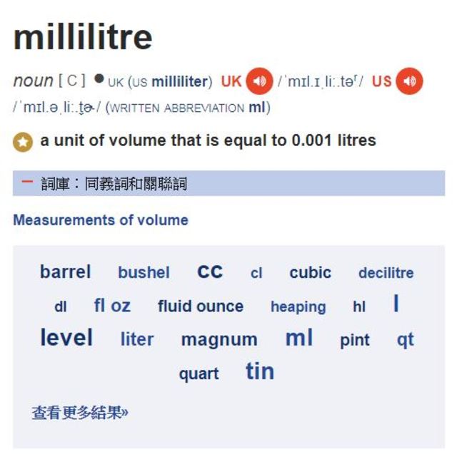 《劍橋詞典》顯示，「毫升」（ml）的英文分成美式與英式