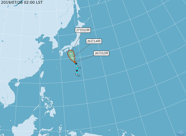 第6號颱風「百合」，和昨天相比位置稍微略偏西。(氣象局提供)