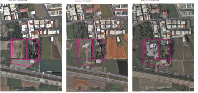 張家青埔豪宅在2013年6月、2016年7月、2018年11月的建物航照圖。
