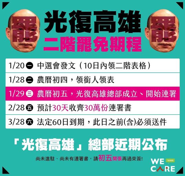 罷韓二階時程公布。(翻攝臉書《WeCare高雄》)