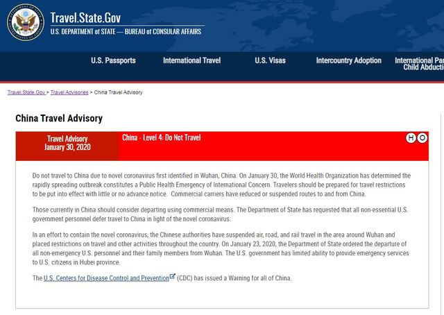 美國國務院領事事務局發布赴中國的旅遊警示。