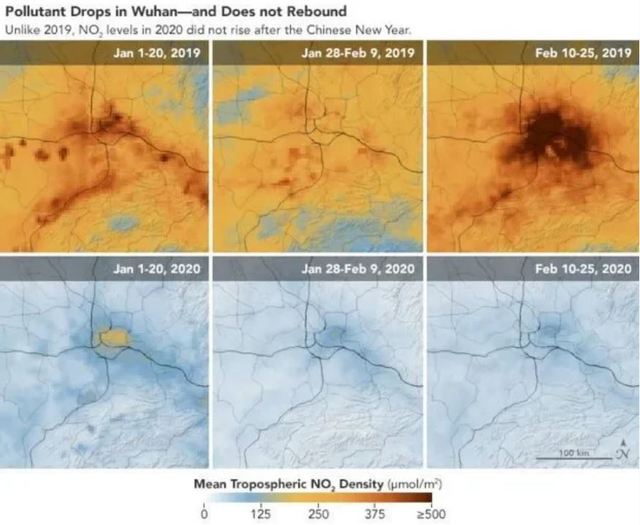 比較2019年武漢的空氣品質變化，能看出差距極大。(NASA提供)
