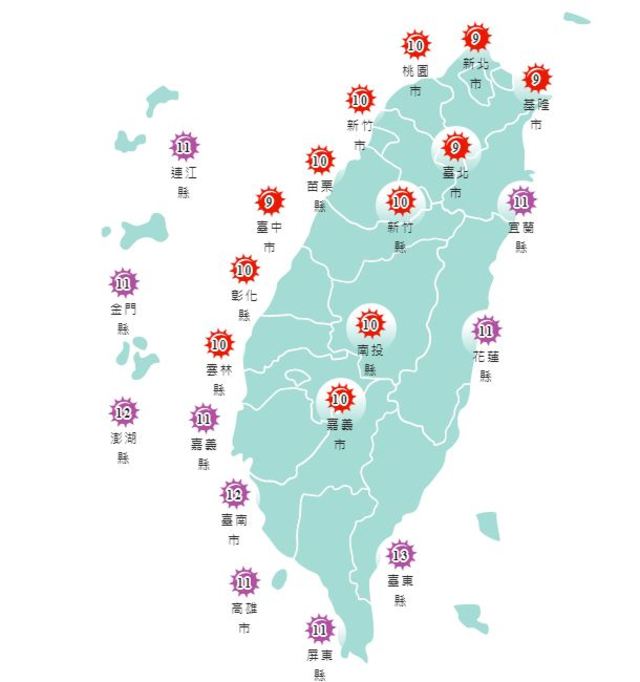 各地紫外線等級。(氣象局提供)