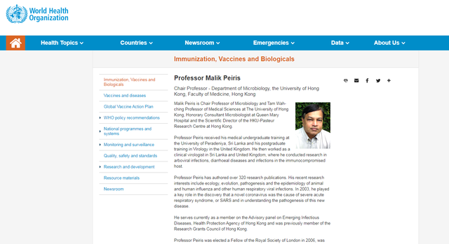 裴偉士(Malik Peiris)。(翻攝WHO網站)