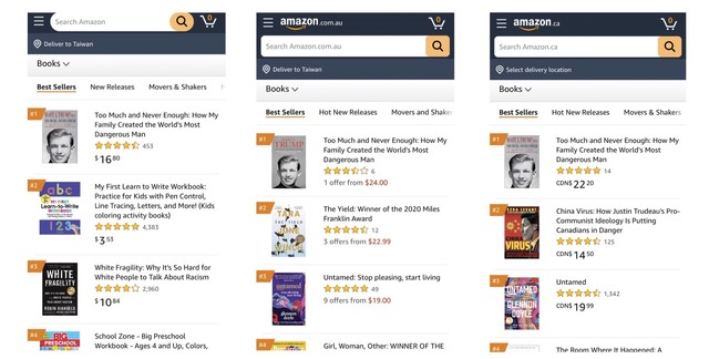 瑪麗川普的新書在多國亞馬遜網站登上銷售排行第一。（截自亞馬遜）