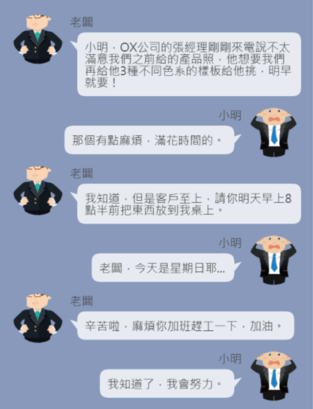 老闆下班傳line交待工作之示意LINE截圖。(北市勞動局提供)