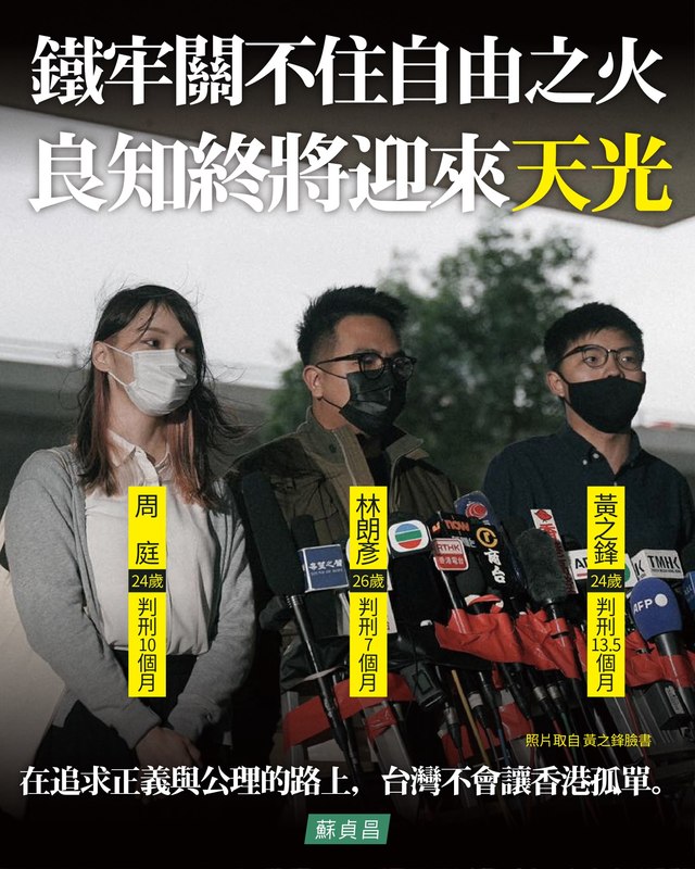 香港眾志3人遭判罪入獄！蘇揆深夜喊：台灣不會讓香港孤單