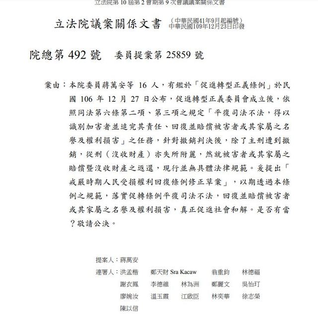 蔣萬安提案修正《戒嚴時期人民受損權利回復條例》。