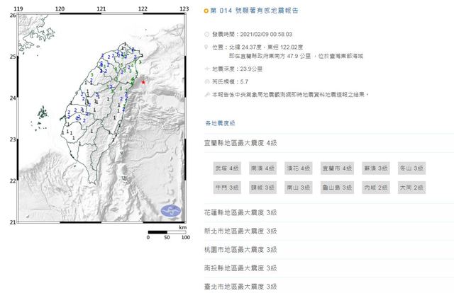 今凌晨連續發生兩個地震。(中央氣象局提供)