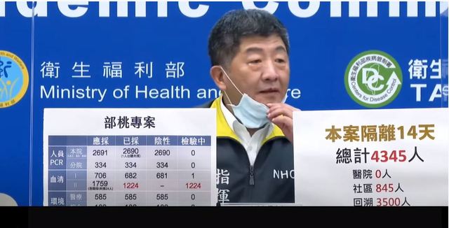 陳時中昨日在記者會短暫拉下口罩。（翻攝自疫情記者會直播）