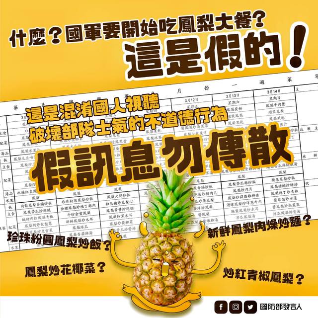 國軍餐餐吃鳳梨滿漢全席？ 國防部：假訊息
