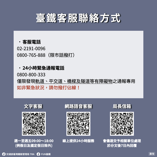 台鐵客服聯絡方式。(台鐵提供)