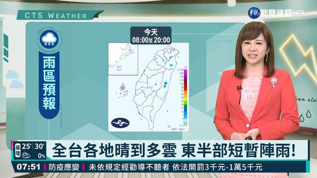 全台各地晴到多雲 東半部短暫陣雨!