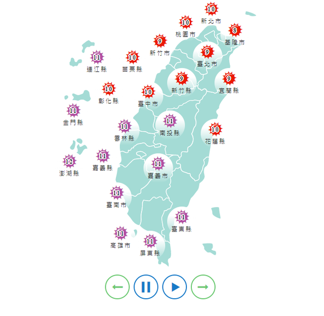 紅色為過量級，紫色危險級。(翻攝氣象局網站)
