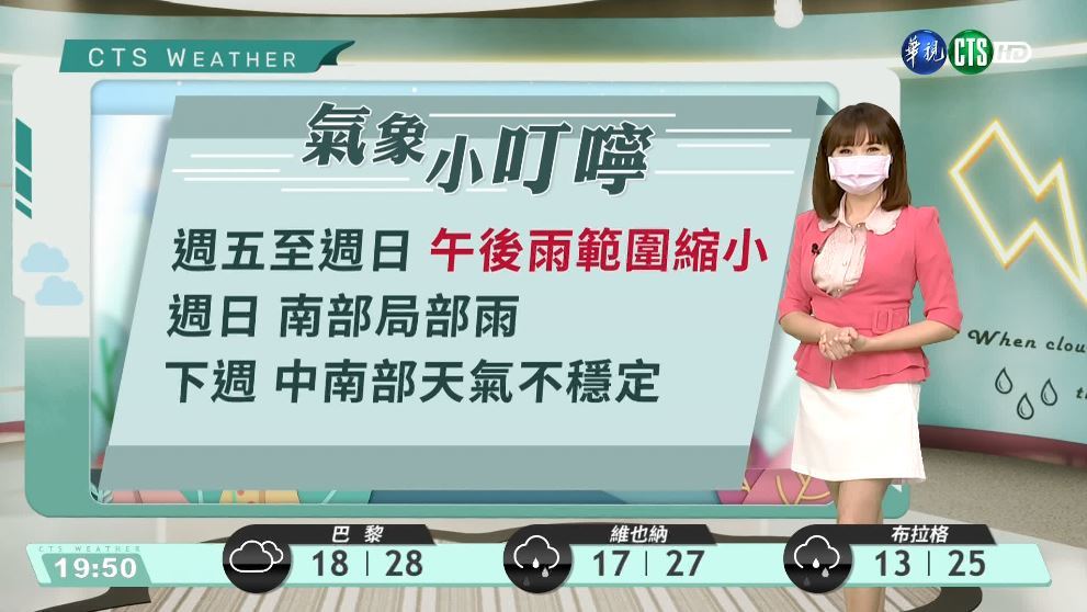 週五至週日午後雨範圍縮小 週日南部局部雨