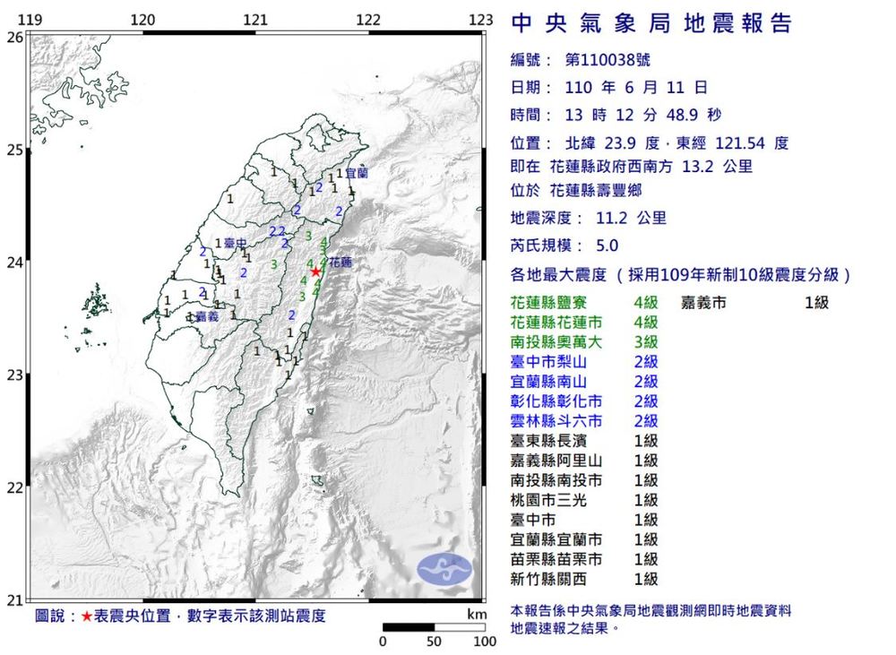 花蓮下午連5震！芮氏規模5.3 最大震度5級