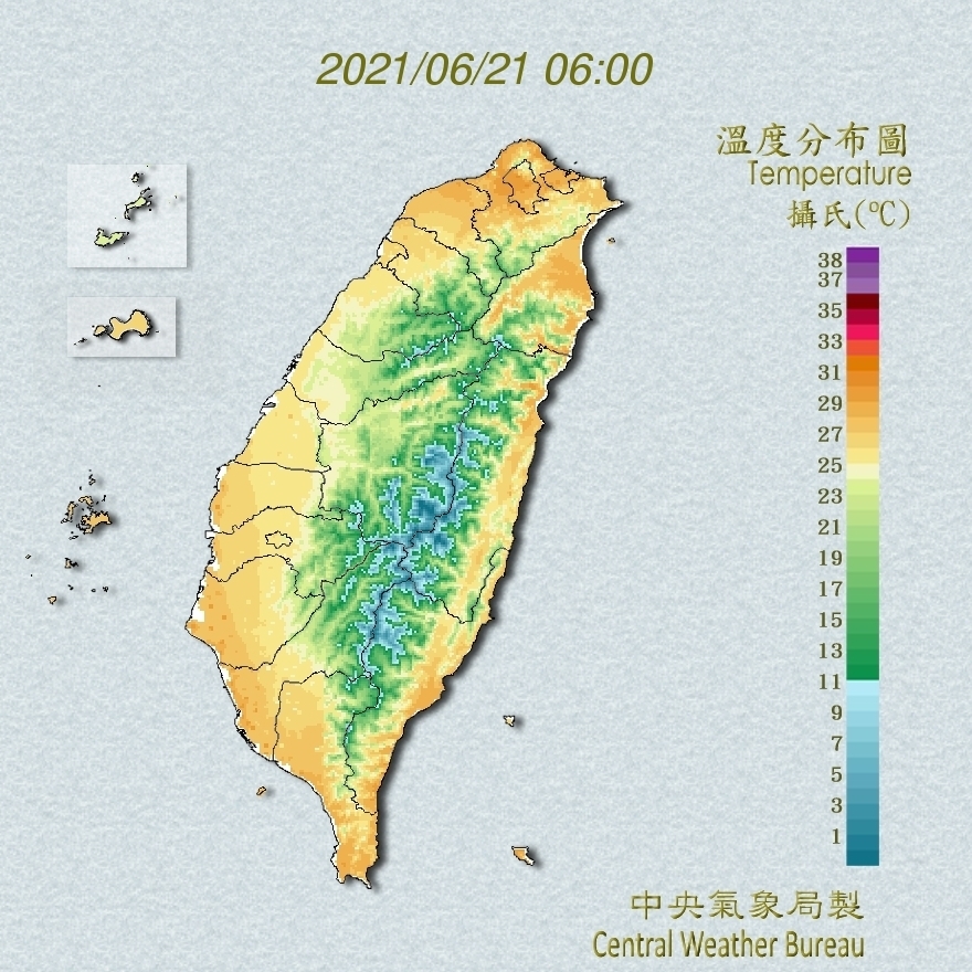 全國溫度分布圖（中央氣象局提供）