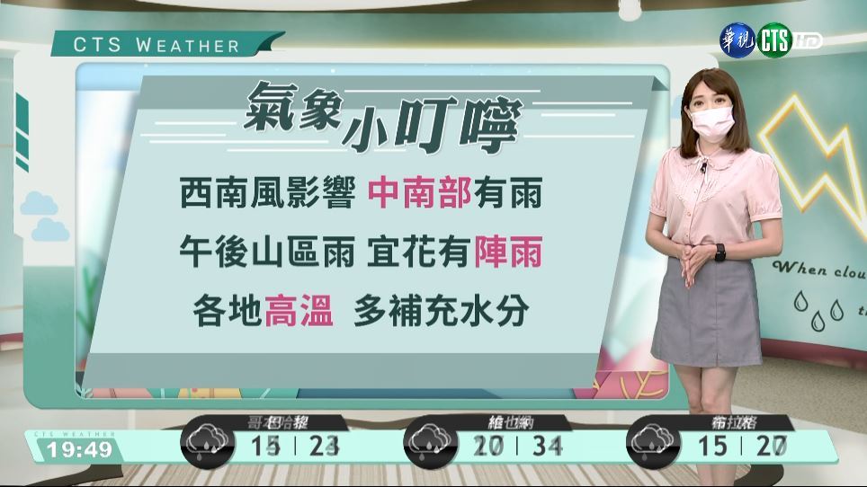 中南部有強降雨 其他地區為多雲到晴