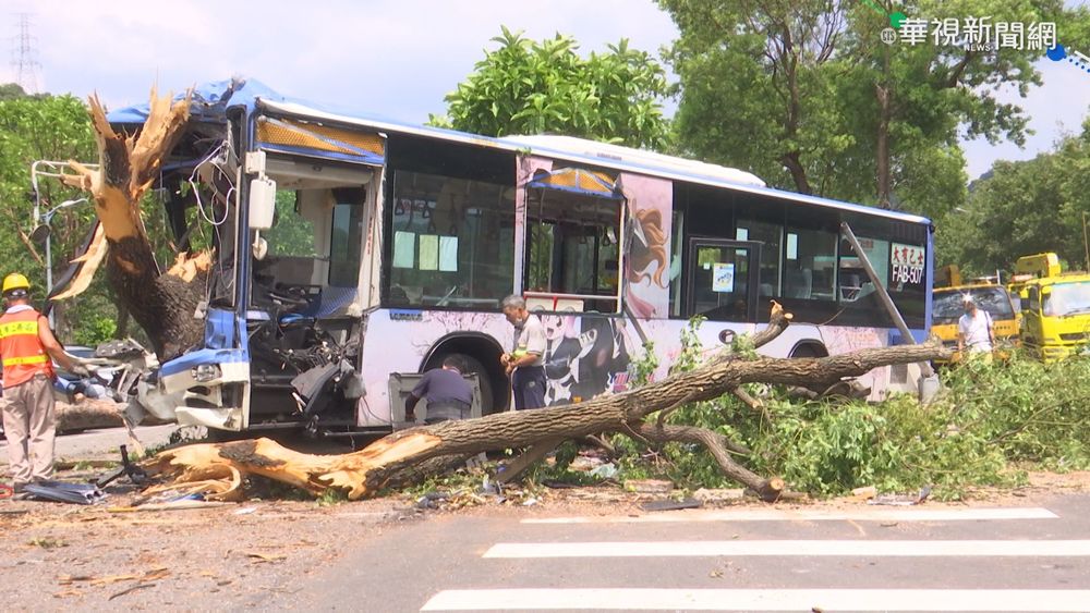 公車失控連環撞 車頭遭樹貫穿釀8傷
