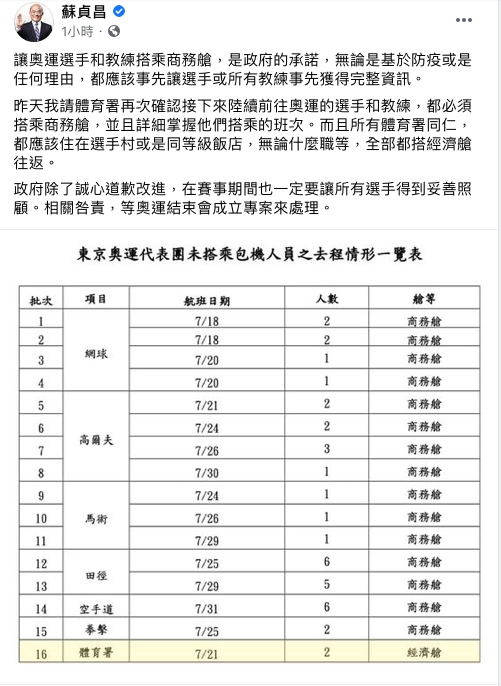 針對搭機處理方案臉書發文。（翻攝蘇貞昌臉書）