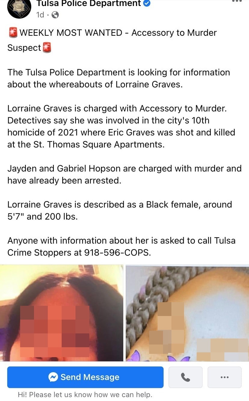 翻攝自臉書粉絲專頁「Tulsa Police Department」。