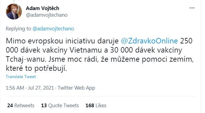 捷克衛生部長渥伊泰赫貼文（翻攝自渥伊泰赫推特）