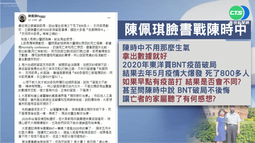 "疫死800命"戰火燒 陳佩琪槓上陳時中