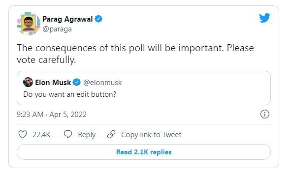 推特CEO轉發馬斯克的投票(圖/翻攝自Twitter)
