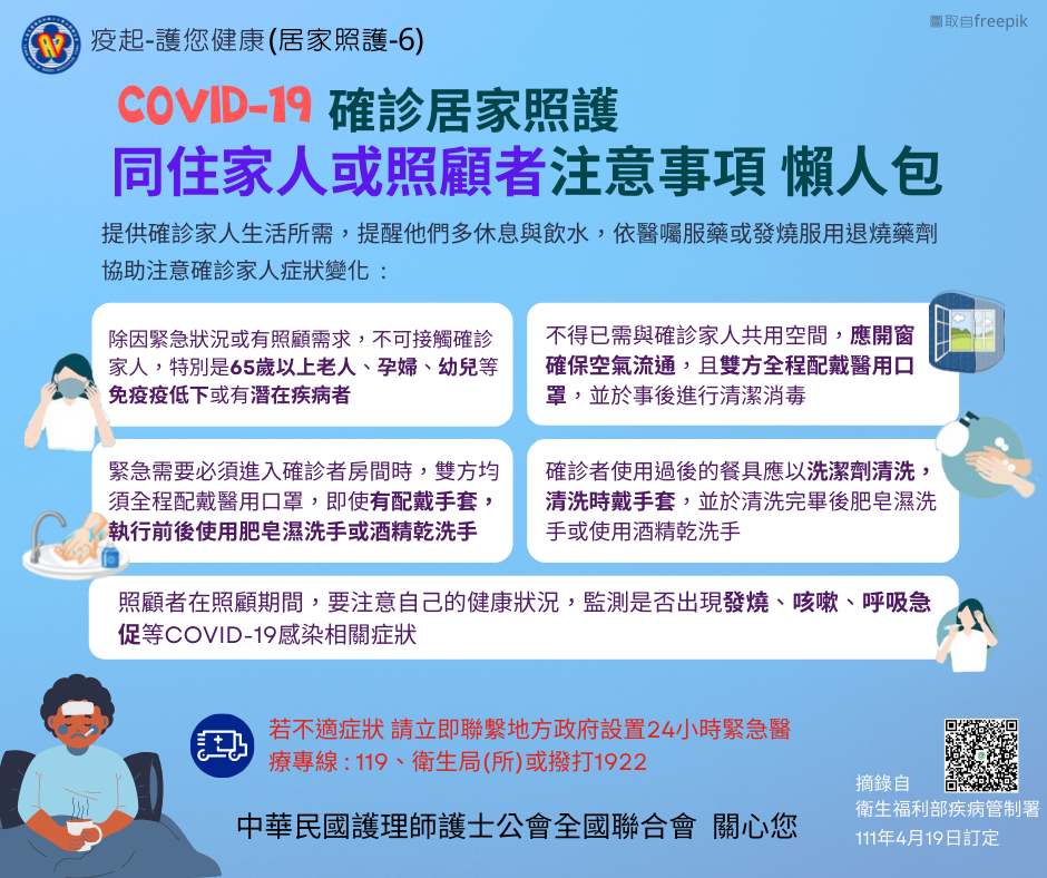 居家照護同住家人或照顧者注意事項(中華民國護理師護士公會全國聯合會提供)