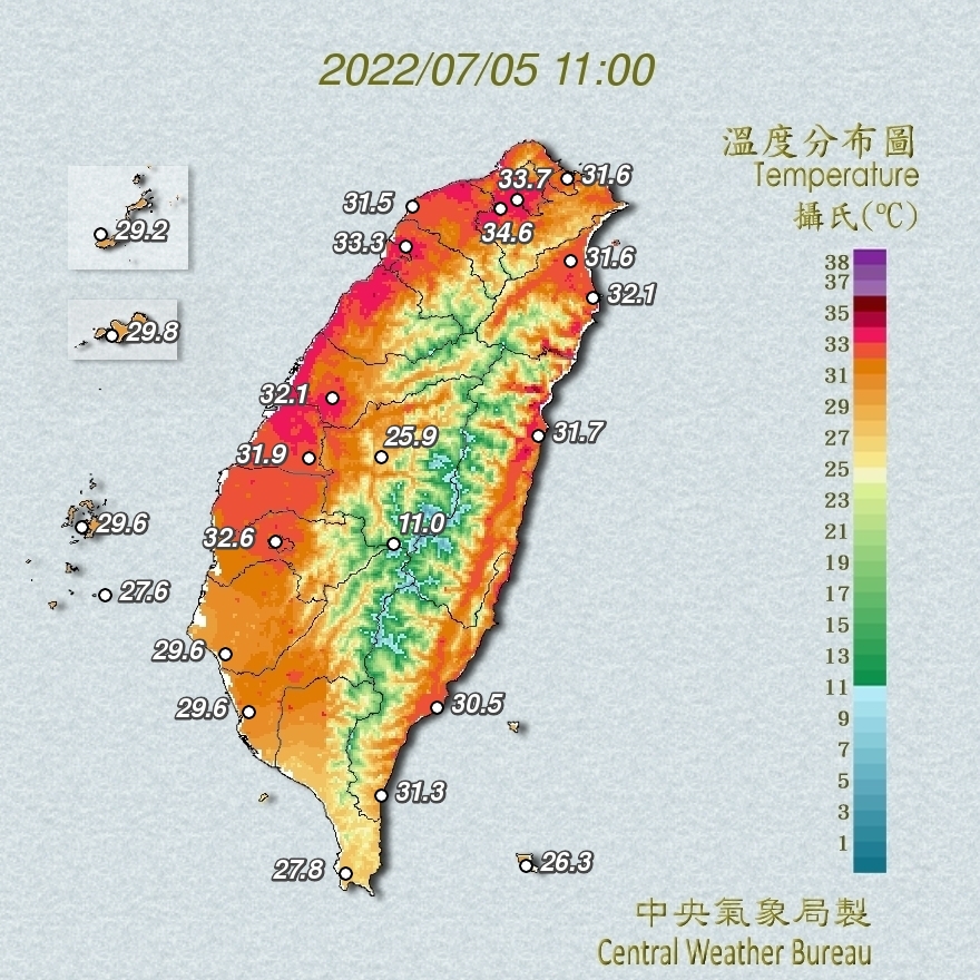 溫度分布圖(圖/中央氣象局提供)