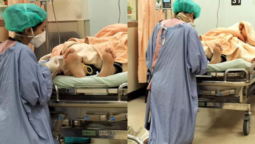 醫護人員辛苦跪地採血(翻攝/臉書社團爆廢公社)