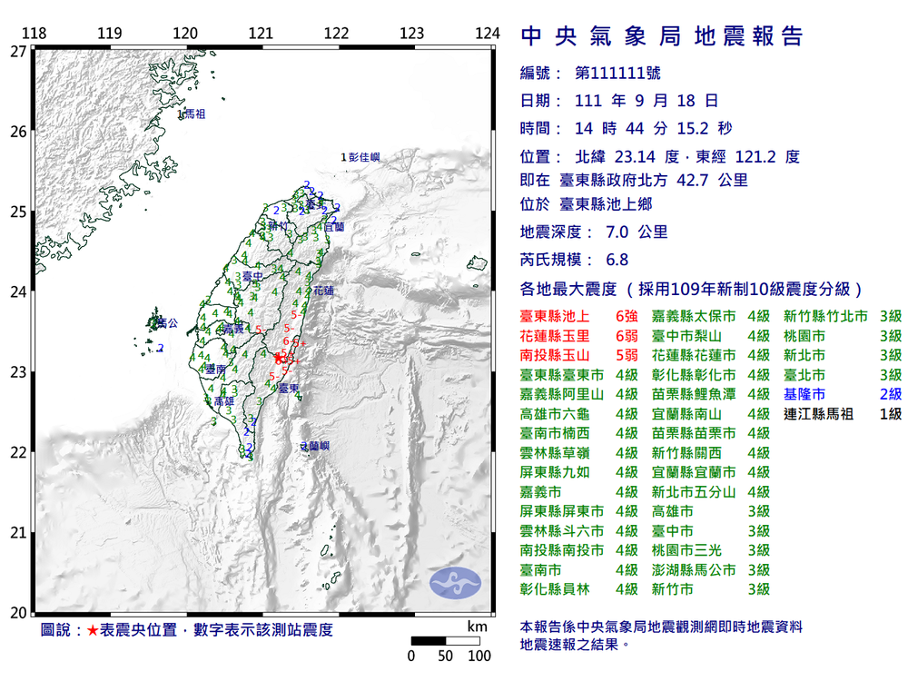 14:44地震！ 地震規模6.8 最大震度6強在台東