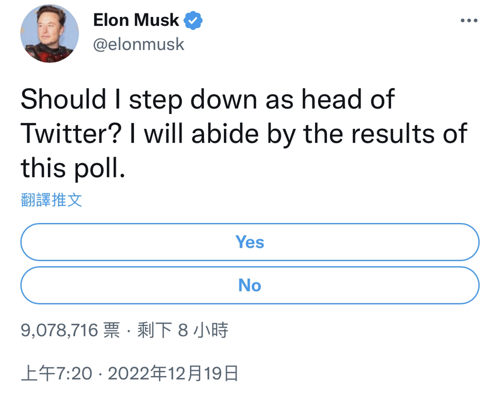 馬斯克發起「我該不該下台？」投票 強調：會遵守結果