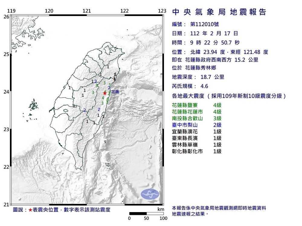 今上午9點22分發生規模4.6地震 最大震度4級