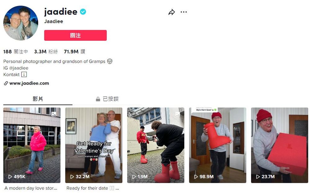 「Big Red Boots」在抖音中有不少影片，一位攝影師的影片觀看次數已經近億次/ 圖翻攝自 jaadiee 抖音