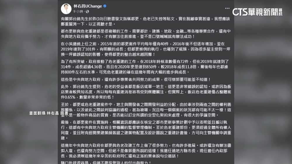 郭董批「都更危老已失控」　林右昌：別抹煞別人努力